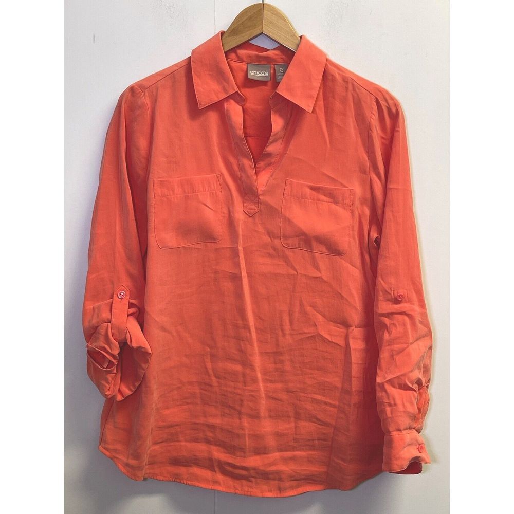 Chico's Womens Size 0/4/S Tunic Top Soft Orange Silk Feel Poly/Modal Roll Sleeve